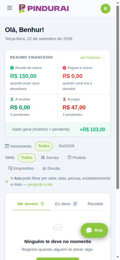 Extrato com resumo financeiro e listas de quem deve e a quem se deve