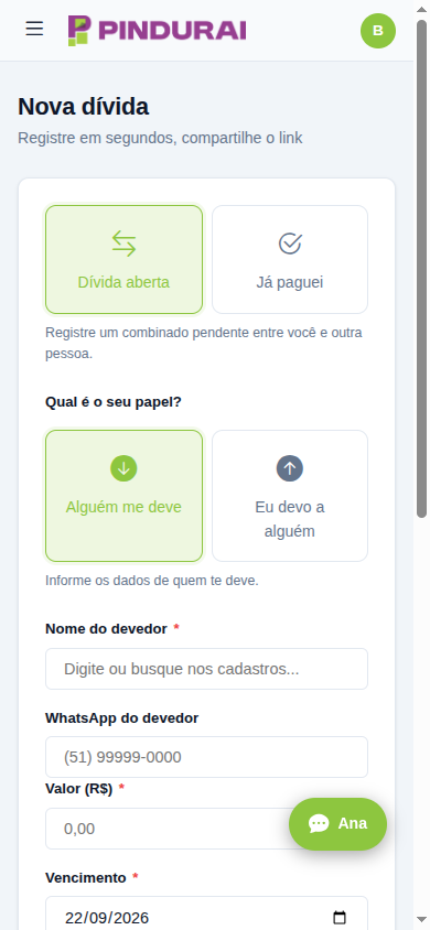 Formulário de nova dívida com a escolha entre 'Alguém me deve' e 'Eu devo a alguém'