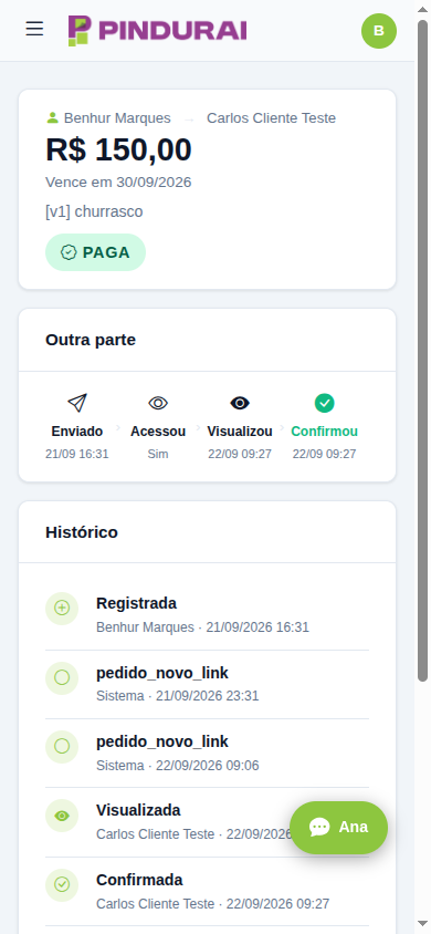 Tela de um combinado registrado, com valor, vencimento e opções de compartilhar