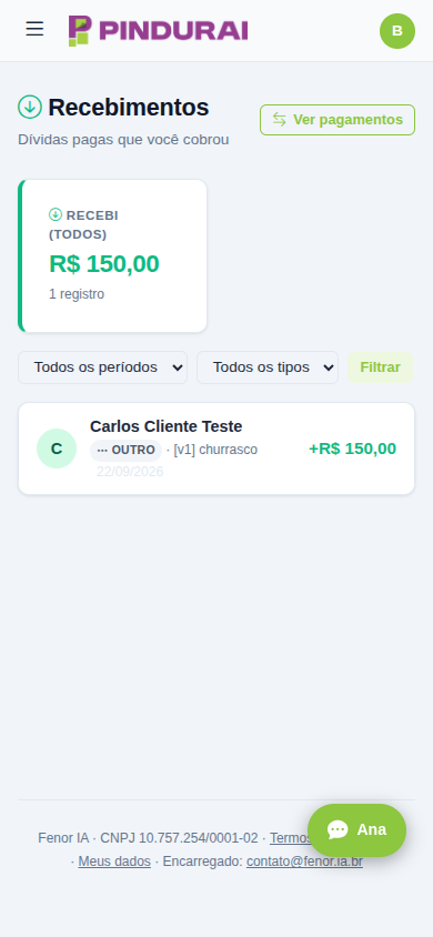 Tela de recebimentos com o total recebido e o histórico